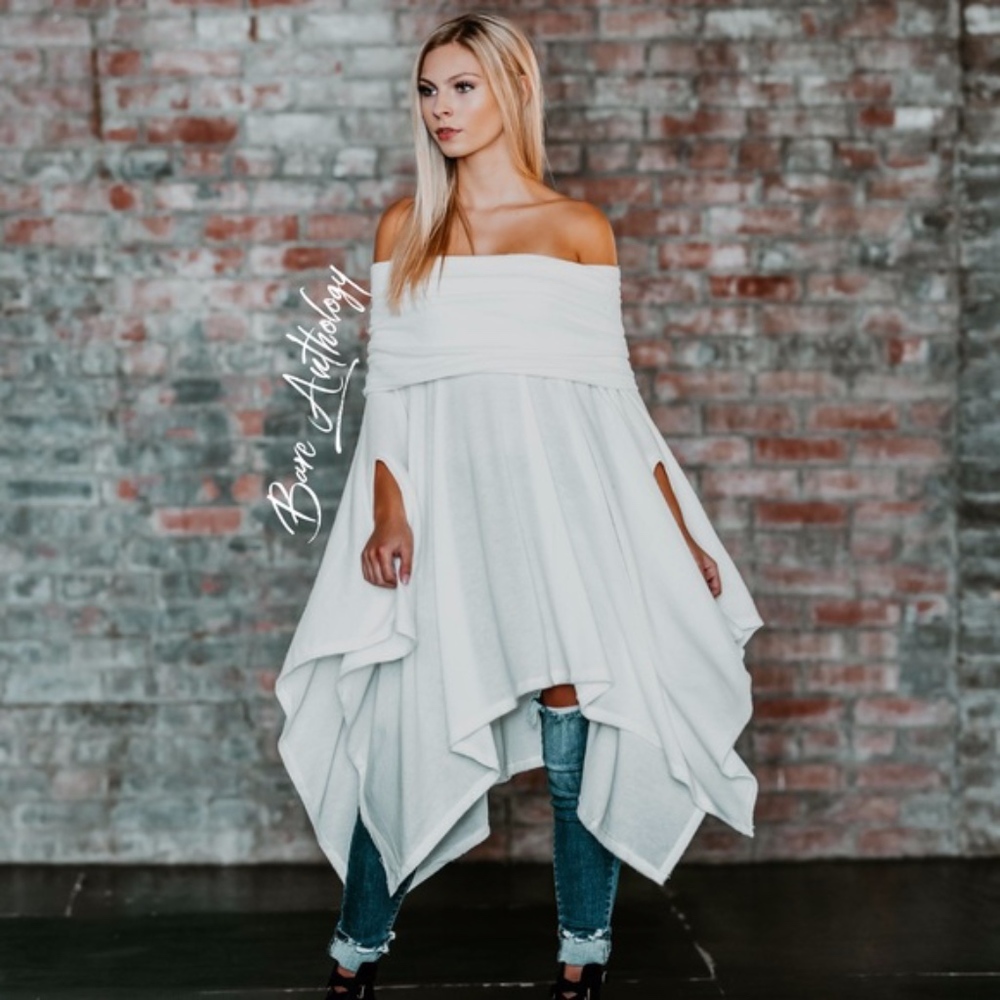 Cozy White Off Shoulder Asymmetrical Hem Poncho Sweater Top